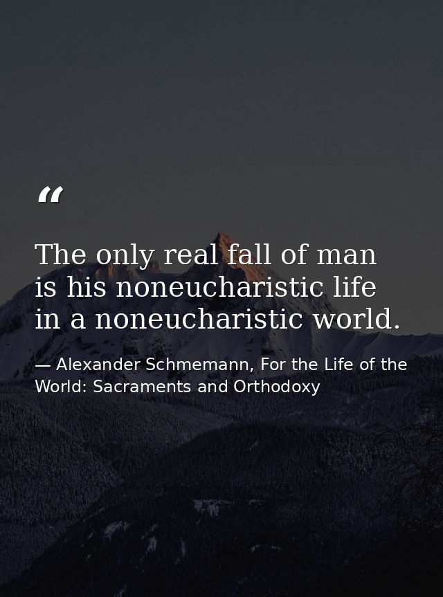 The only real fall of man is his noneucharistic life in a noneucharistic world. — Alexander Schmemann, For the Life of the World: Sacraments and Orthodoxy
