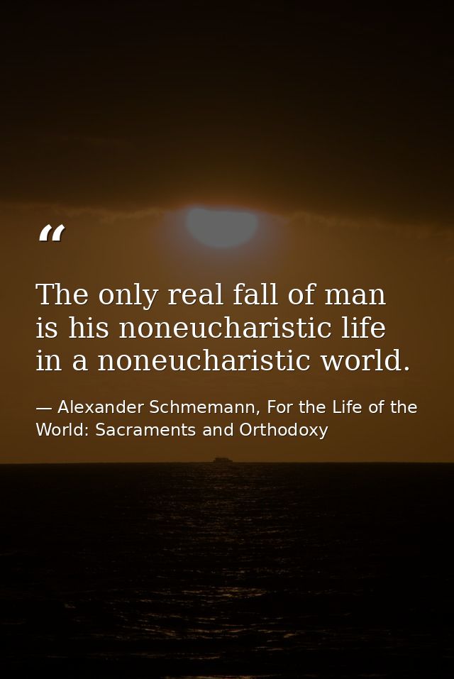 The only real fall of man is his noneucharistic life in a noneucharistic world. — Alexander Schmemann, For the Life of the World: Sacraments and Orthodoxy