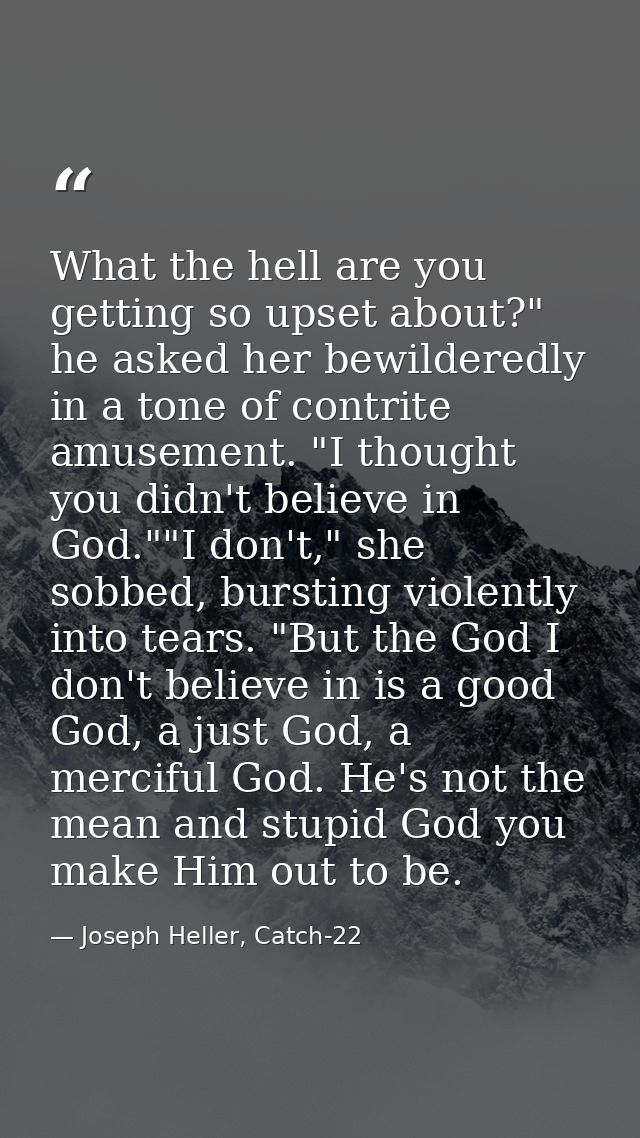 What the hell are you getting so upset about?" he asked her bewilderedly in a tone of contrite amusement. "I thought you — Joseph Heller, Catch-22