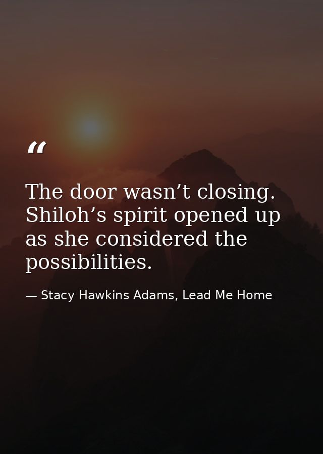 The door wasn’t closing. Shiloh’s spirit opened up as she considered the possibilities. — Stacy Hawkins Adams, Lead Me Home