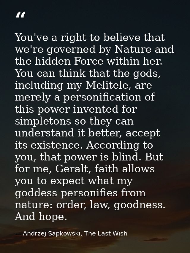 You've a right to believe that we're governed by Nature and the hidden Force within her. You can think that the gods, in — Andrzej Sapkowski, The Last Wish