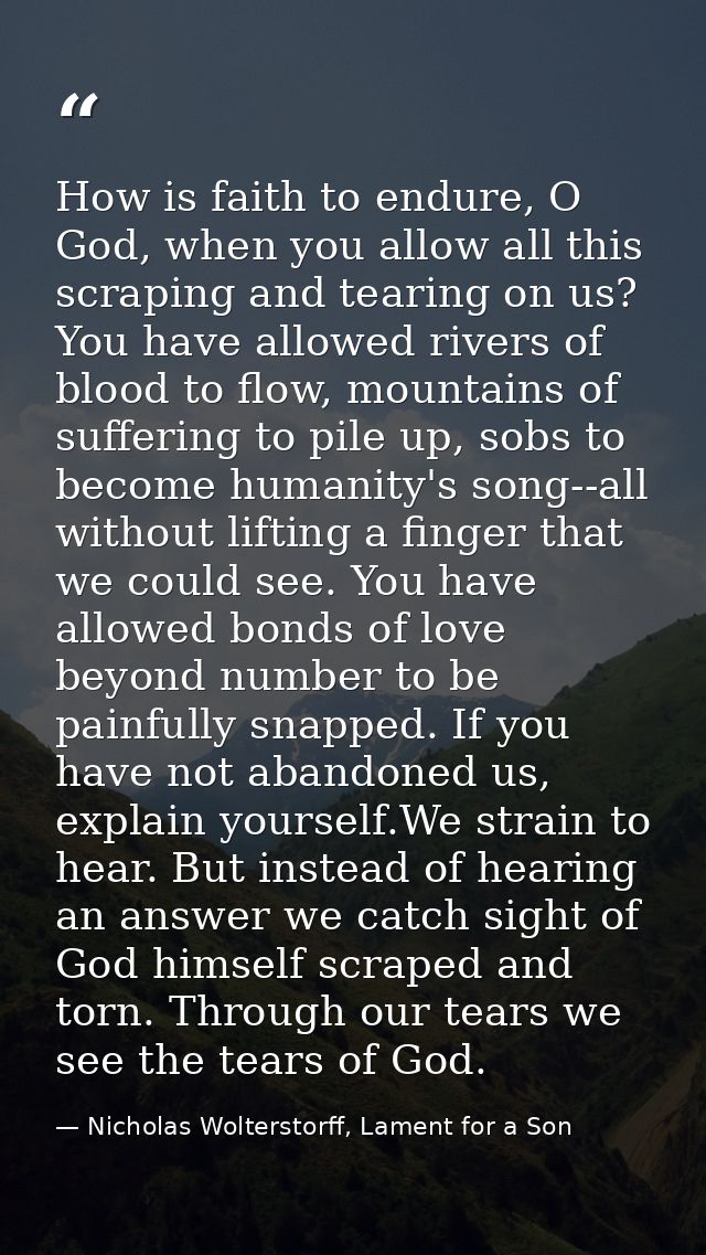 How is faith to endure, O God, when you allow all this scraping and tearing on us? You have allowed rivers of blood to f — Nicholas Wolterstorff, Lament for a Son