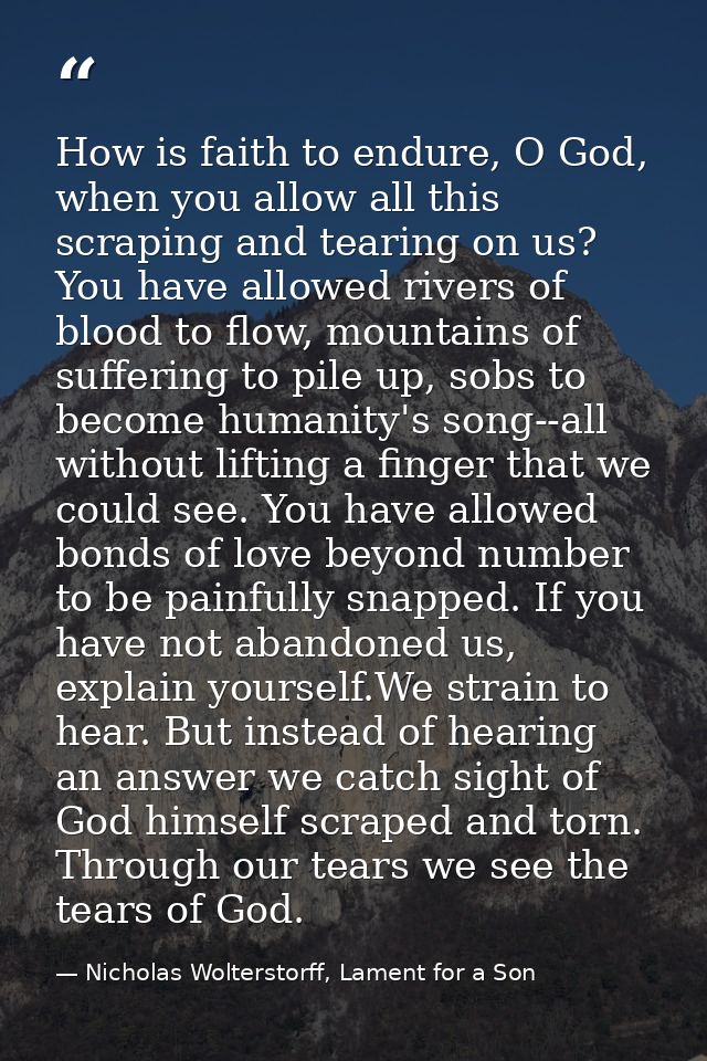 How is faith to endure, O God, when you allow all this scraping and tearing on us? You have allowed rivers of blood to f — Nicholas Wolterstorff, Lament for a Son
