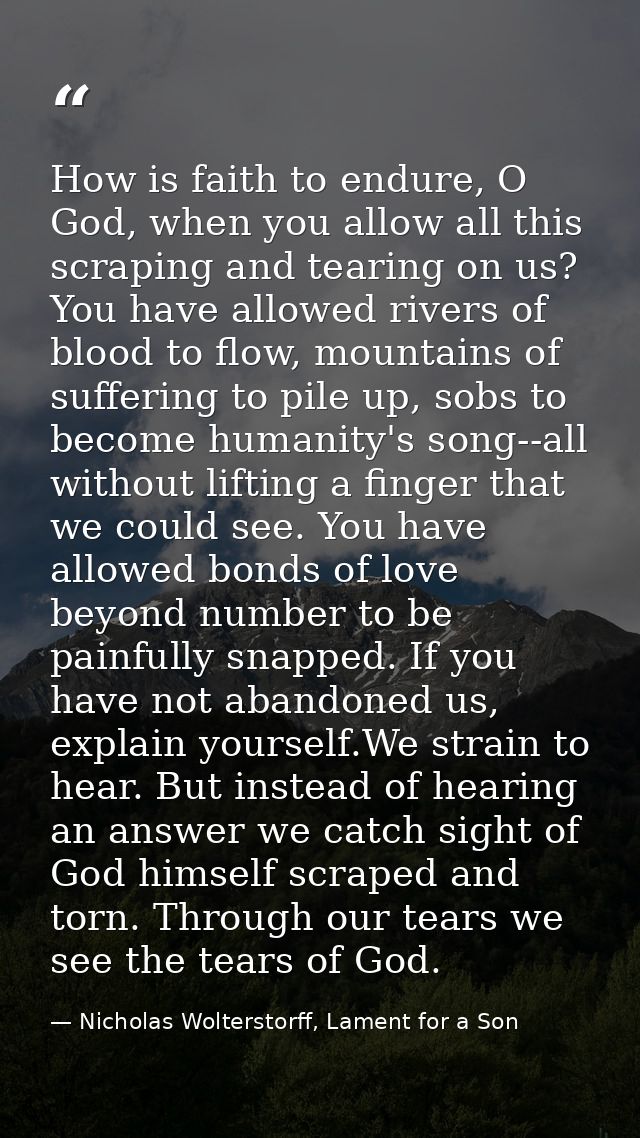How is faith to endure, O God, when you allow all this scraping and tearing on us? You have allowed rivers of blood to f — Nicholas Wolterstorff, Lament for a Son