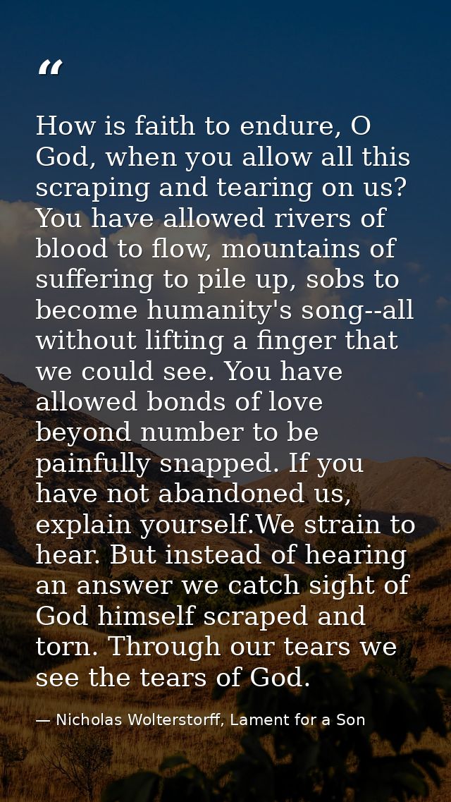 How is faith to endure, O God, when you allow all this scraping and tearing on us? You have allowed rivers of blood to f — Nicholas Wolterstorff, Lament for a Son