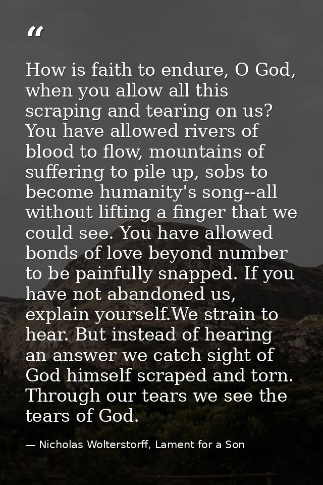 How is faith to endure, O God, when you allow all this scraping and tearing on us? You have allowed rivers of blood to f — Nicholas Wolterstorff, Lament for a Son