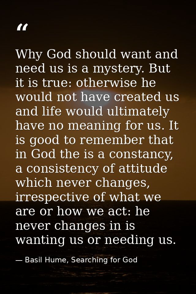 Why God should want and need us is a mystery. But it is true: otherwise he would not have created us and life would ulti — Basil Hume, Searching for God