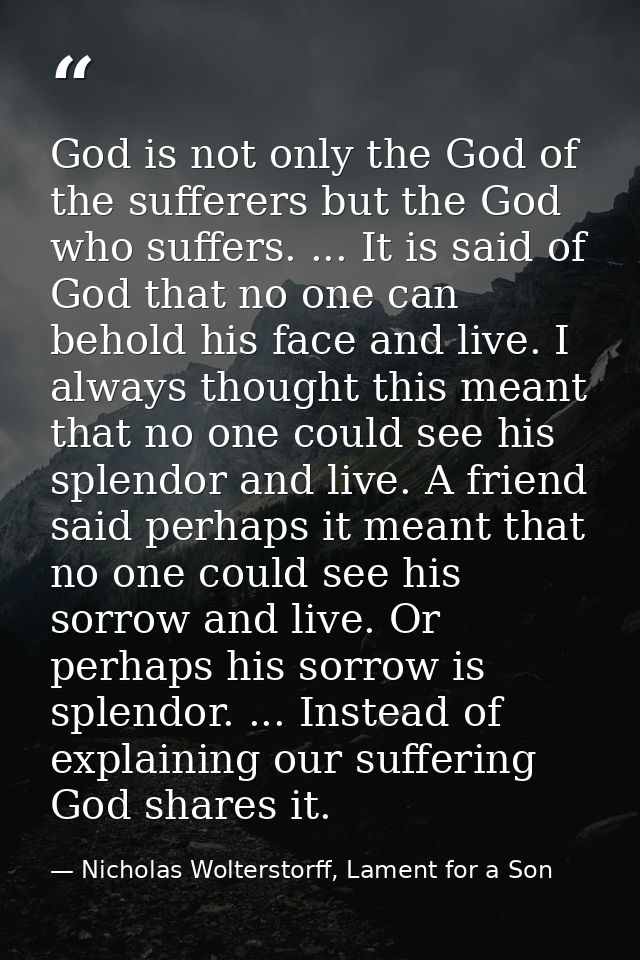 God is not only the God of the sufferers but the God who suffers. ... It is said of God that no one can behold his face  — Nicholas Wolterstorff, Lament for a Son