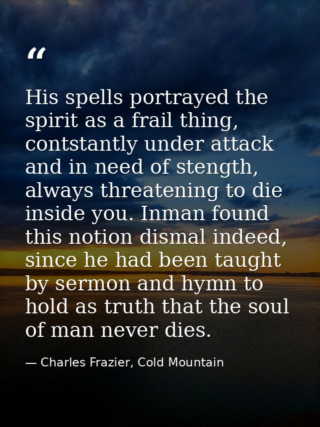 His spells portrayed the spirit as a frail thing, contstantly under attack and in need of stength, always threatening to — Charles Frazier, Cold Mountain