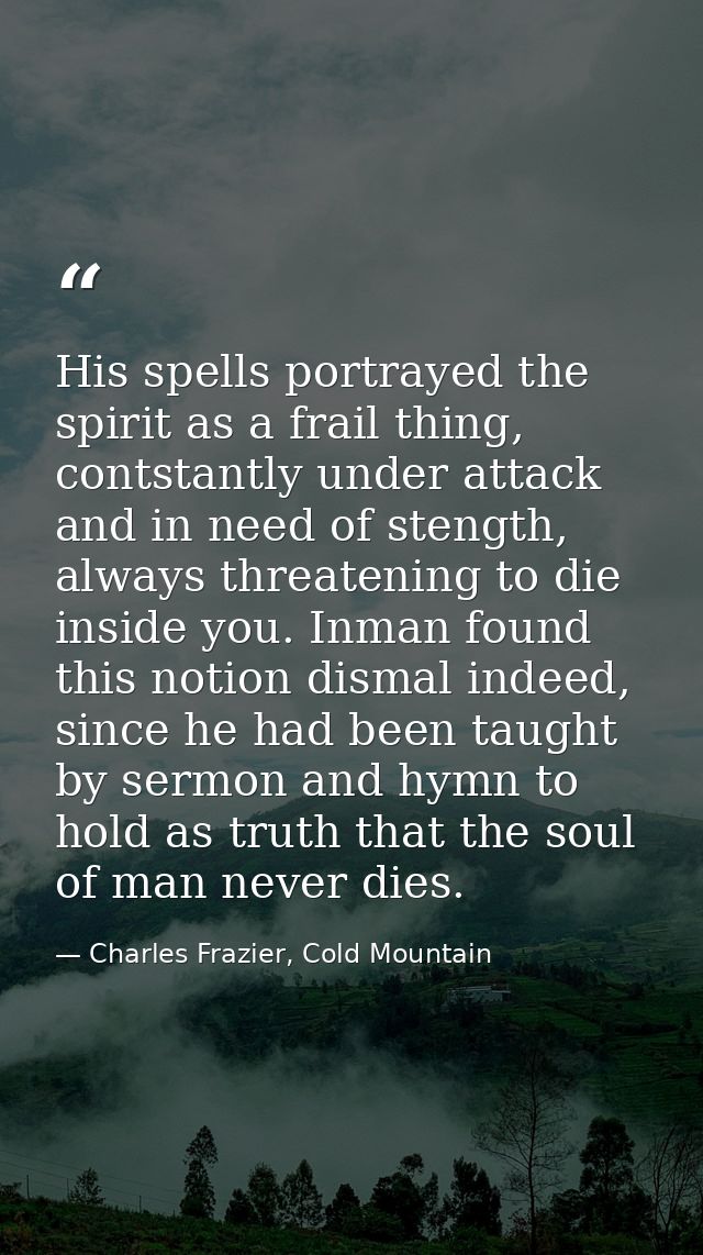 His spells portrayed the spirit as a frail thing, contstantly under attack and in need of stength, always threatening to — Charles Frazier, Cold Mountain