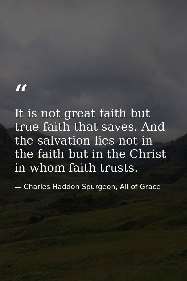 It is not great faith but true faith that saves. And the salvation lies not in the faith but in the Christ in whom faith — Charles Haddon Spurgeon, All of Grace