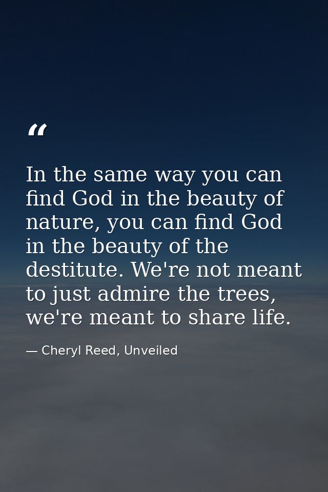 In the same way you can find God in the beauty of nature, you can find God in the beauty of the destitute. We're not mea — Cheryl Reed, Unveiled