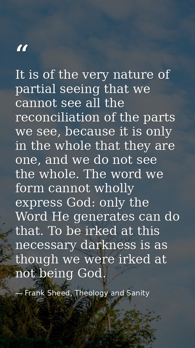 It is of the very nature of partial seeing that we cannot see all the reconciliation of the parts we see, because it is  — Frank Sheed, Theology and Sanity