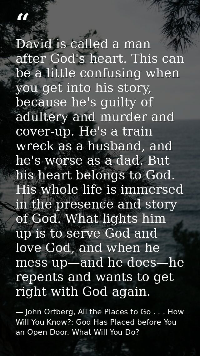 David is called a man after God's heart. This can be a little confusing when you get into his story, because he's guilty — John Ortberg, All the Places to Go . . . How Will You Know?: God Has Placed before You an Open Door. What Will You Do?