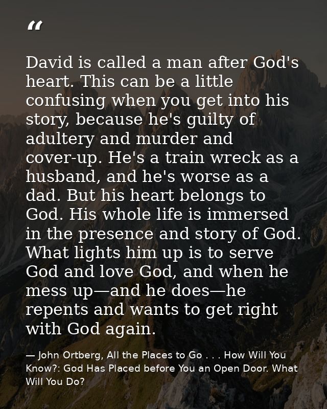 David is called a man after God's heart. This can be a little confusing when you get into his story, because he's guilty — John Ortberg, All the Places to Go . . . How Will You Know?: God Has Placed before You an Open Door. What Will You Do?