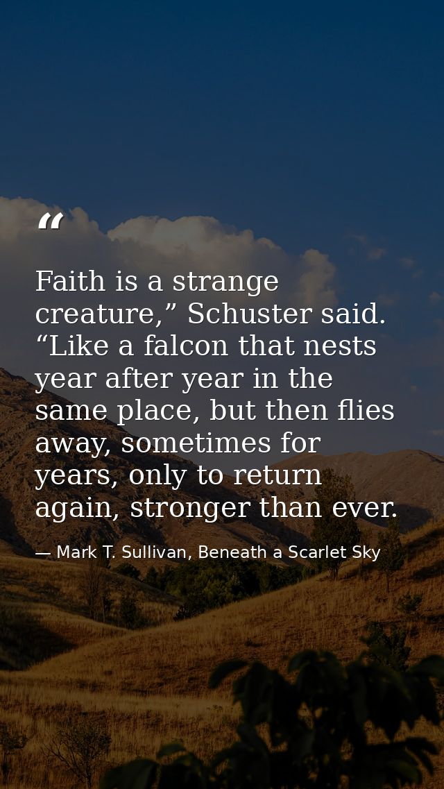 Faith is a strange creature,” Schuster said. “Like a falcon that nests year after year in the same place, but then flies — Mark T. Sullivan, Beneath a Scarlet Sky