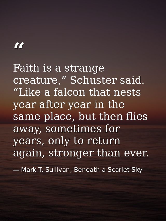 Faith is a strange creature,” Schuster said. “Like a falcon that nests year after year in the same place, but then flies — Mark T. Sullivan, Beneath a Scarlet Sky