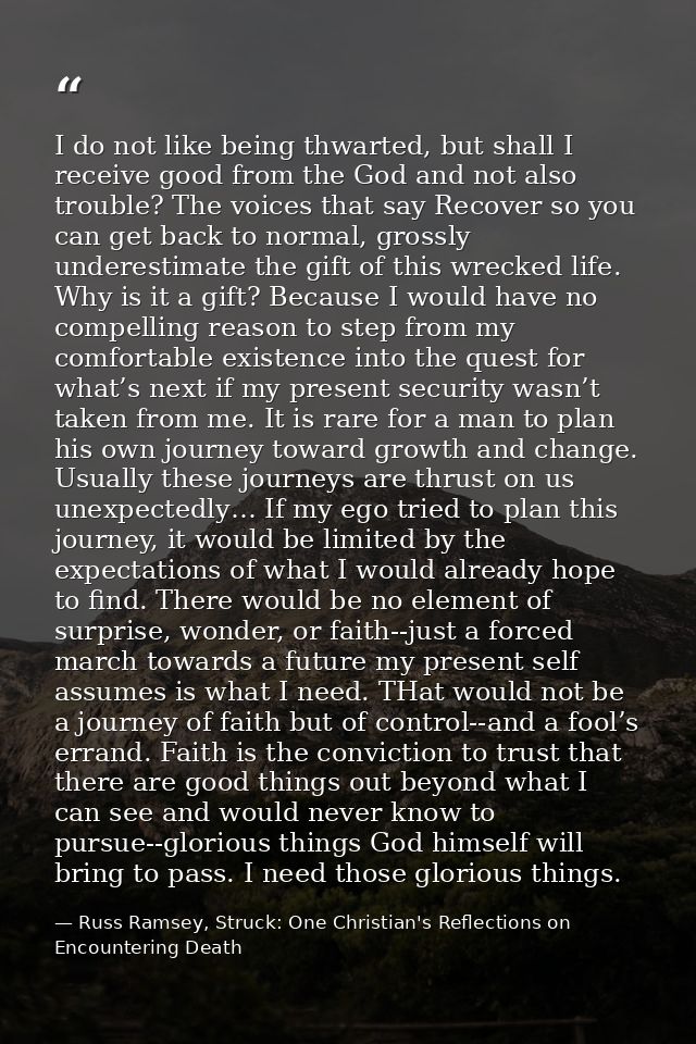 I do not like being thwarted, but shall I receive good from the God and not also trouble? The voices that say Recover so — Russ Ramsey, Struck: One Christian's Reflections on Encountering Death