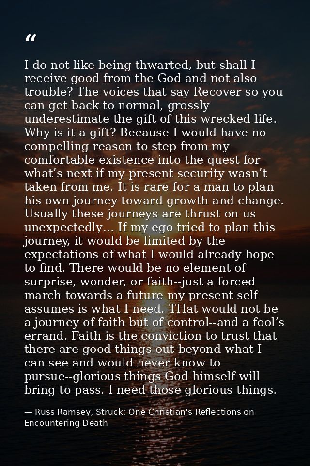 I do not like being thwarted, but shall I receive good from the God and not also trouble? The voices that say Recover so — Russ Ramsey, Struck: One Christian's Reflections on Encountering Death