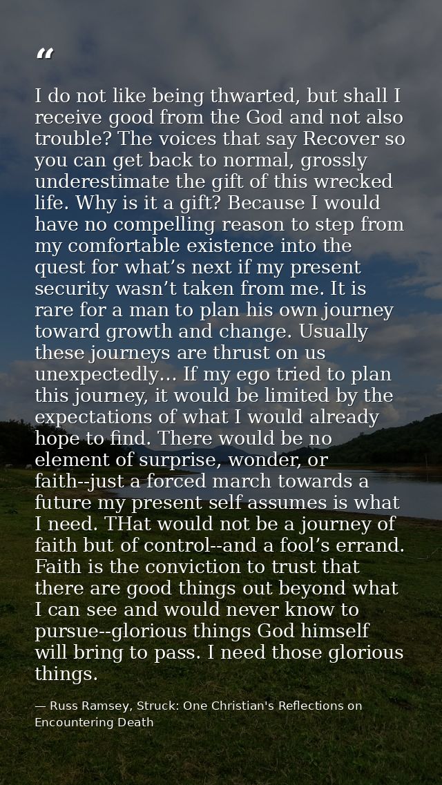 I do not like being thwarted, but shall I receive good from the God and not also trouble? The voices that say Recover so — Russ Ramsey, Struck: One Christian's Reflections on Encountering Death