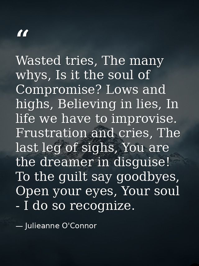 Wasted tries, The many whys, Is it the soul of Compromise? Lows and highs, Believing in lies, In life we have to improvi — Julieanne O'Connor