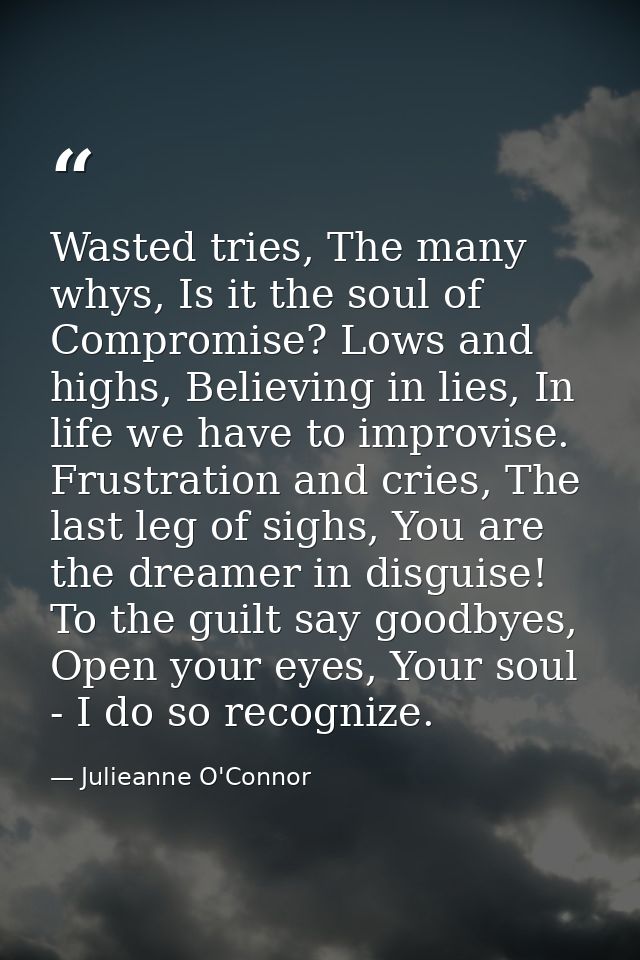 Wasted tries, The many whys, Is it the soul of Compromise? Lows and highs, Believing in lies, In life we have to improvi — Julieanne O'Connor