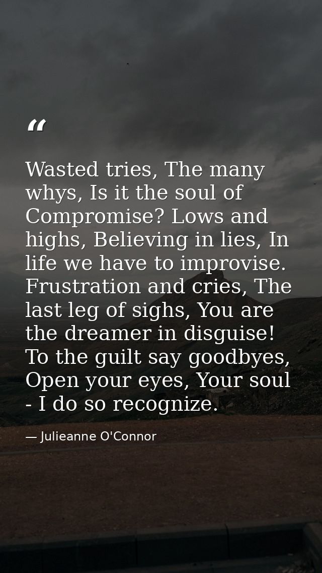 Wasted tries, The many whys, Is it the soul of Compromise? Lows and highs, Believing in lies, In life we have to improvi — Julieanne O'Connor
