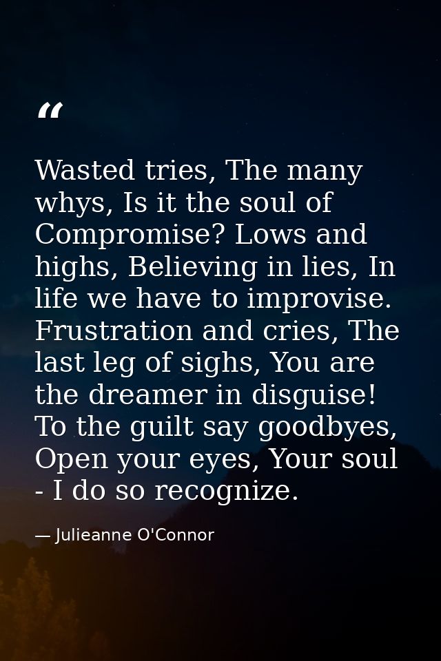 Wasted tries, The many whys, Is it the soul of Compromise? Lows and highs, Believing in lies, In life we have to improvi — Julieanne O'Connor