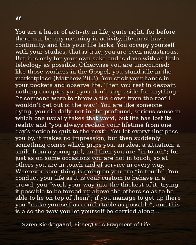 You are a hater of activity in life; quite right, for before there can be any meaning in activity, life must have contin — Søren Kierkegaard, Either/Or: A Fragment of Life