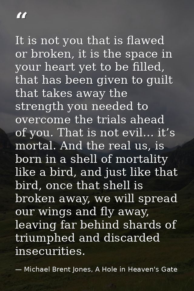 It is not you that is flawed or broken, it is the space in your heart yet to be filled, that has been given to guilt tha — Michael Brent Jones, A Hole in Heaven's Gate