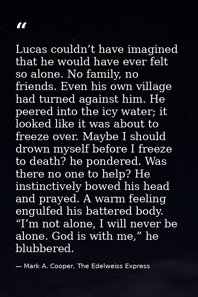 Lucas couldn’t have imagined that he would have ever felt so alone. No family, no friends. Even his own village had turn — Mark A. Cooper, The Edelweiss Express