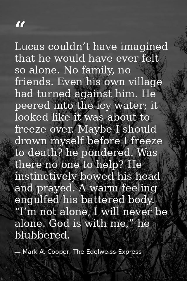 Lucas couldn’t have imagined that he would have ever felt so alone. No family, no friends. Even his own village had turn — Mark A. Cooper, The Edelweiss Express