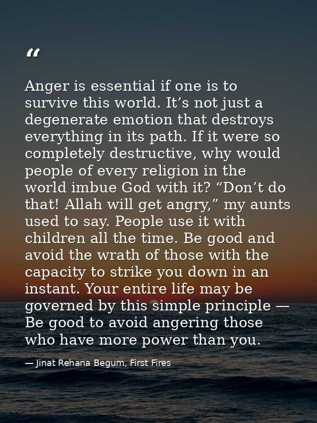 Anger is essential if one is to survive this world. It’s not just a degenerate emotion that destroys everything in its p — Jinat Rehana Begum, First Fires