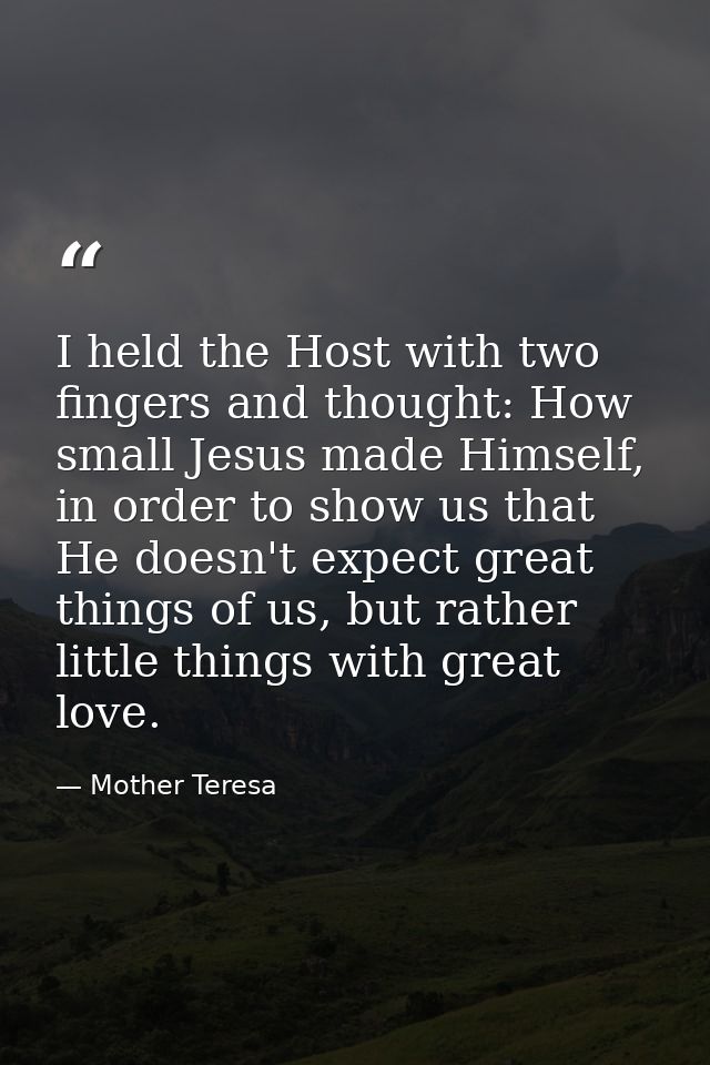 I held the Host with two fingers and thought: How small Jesus made Himself, in order to show us that He doesn't expect g — Mother Teresa