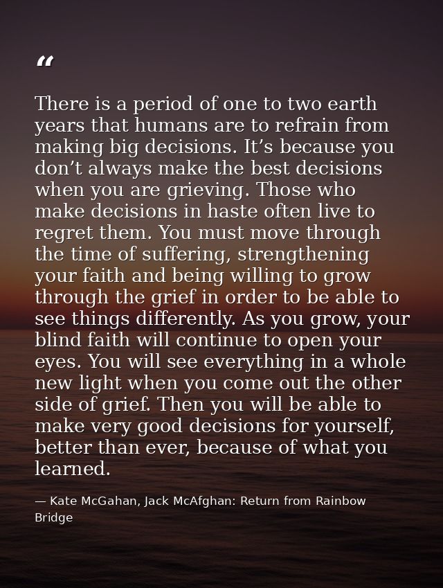 There is a period of one to two earth years that humans are to refrain from making big decisions. It’s because you don’t — Kate McGahan, Jack McAfghan: Return from Rainbow Bridge