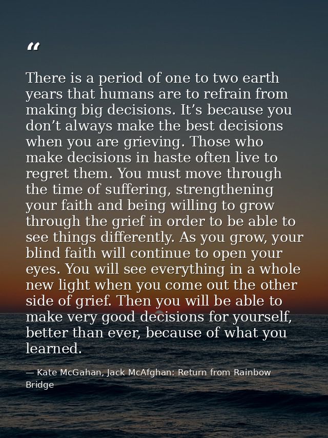 There is a period of one to two earth years that humans are to refrain from making big decisions. It’s because you don’t — Kate McGahan, Jack McAfghan: Return from Rainbow Bridge