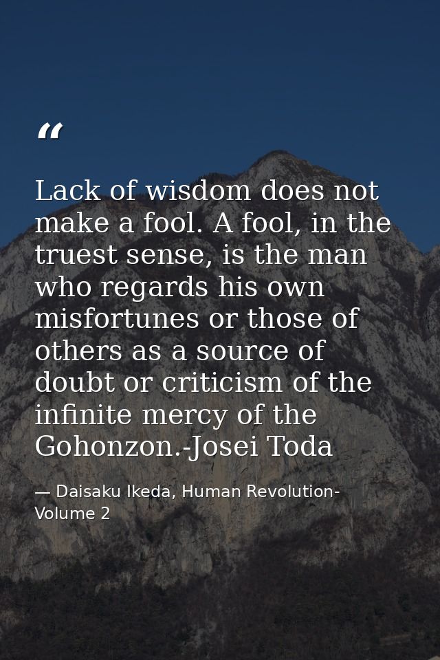 Lack of wisdom does not make a fool. A fool, in the truest sense, is the man who regards his own misfortunes or those of — Daisaku Ikeda, Human Revolution- Volume 2