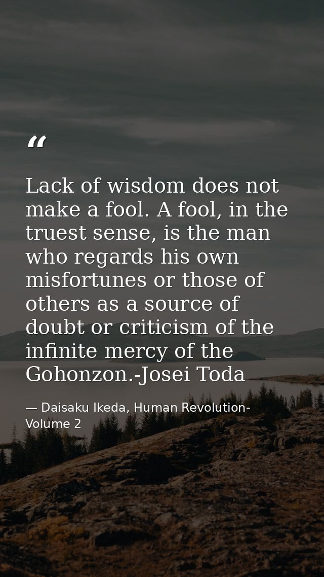 Lack of wisdom does not make a fool. A fool, in the truest sense, is the man who regards his own misfortunes or those of — Daisaku Ikeda, Human Revolution- Volume 2