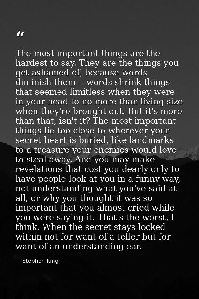 The most important things are the hardest to say. They are the things you get ashamed of, because words diminish them -- — Stephen King