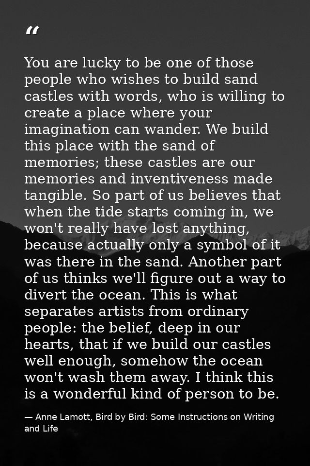 You are lucky to be one of those people who wishes to build sand castles with words, who is willing to create a place wh — Anne Lamott, Bird by Bird: Some Instructions on Writing and Life