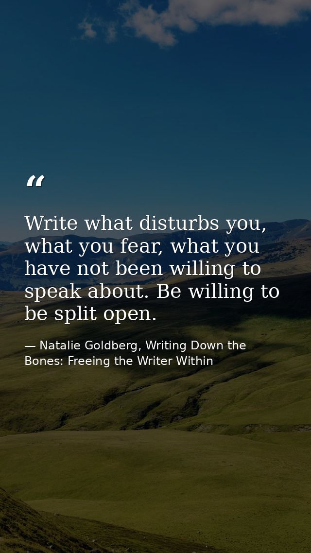 Write what disturbs you, what you fear, what you have not been willing to speak about. Be willing to be split open. — Natalie Goldberg, Writing Down the Bones: Freeing the Writer Within