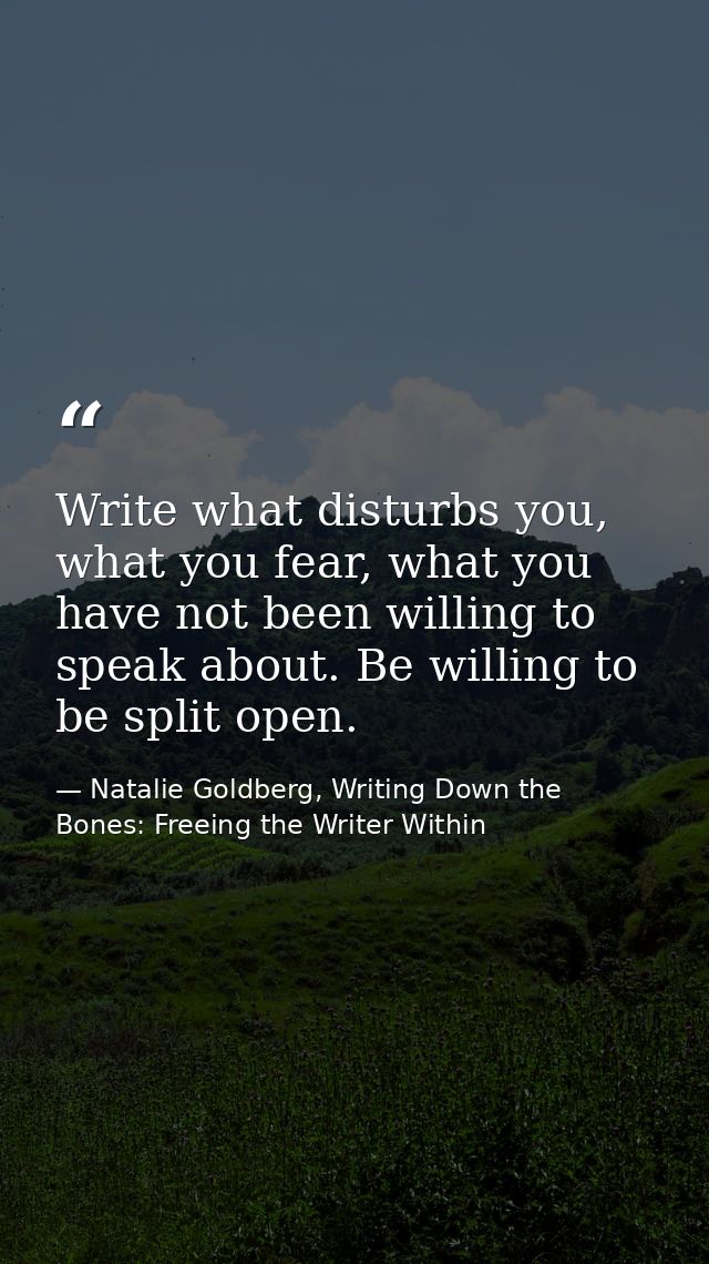 Write what disturbs you, what you fear, what you have not been willing to speak about. Be willing to be split open. — Natalie Goldberg, Writing Down the Bones: Freeing the Writer Within