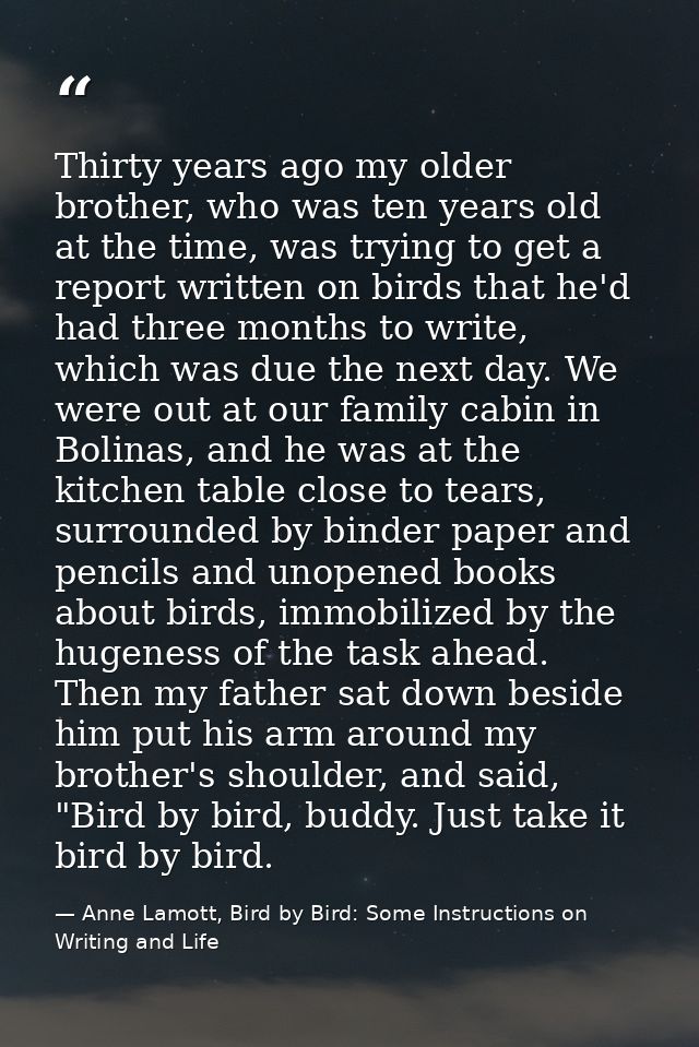Thirty years ago my older brother, who was ten years old at the time, was trying to get a report written on birds that h — Anne Lamott, Bird by Bird: Some Instructions on Writing and Life