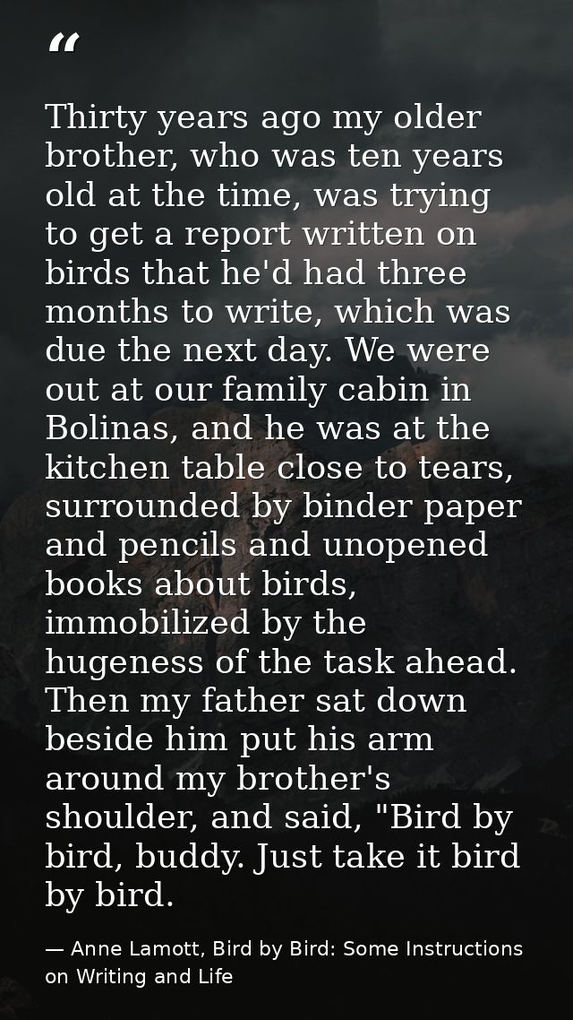 Thirty years ago my older brother, who was ten years old at the time, was trying to get a report written on birds that h — Anne Lamott, Bird by Bird: Some Instructions on Writing and Life