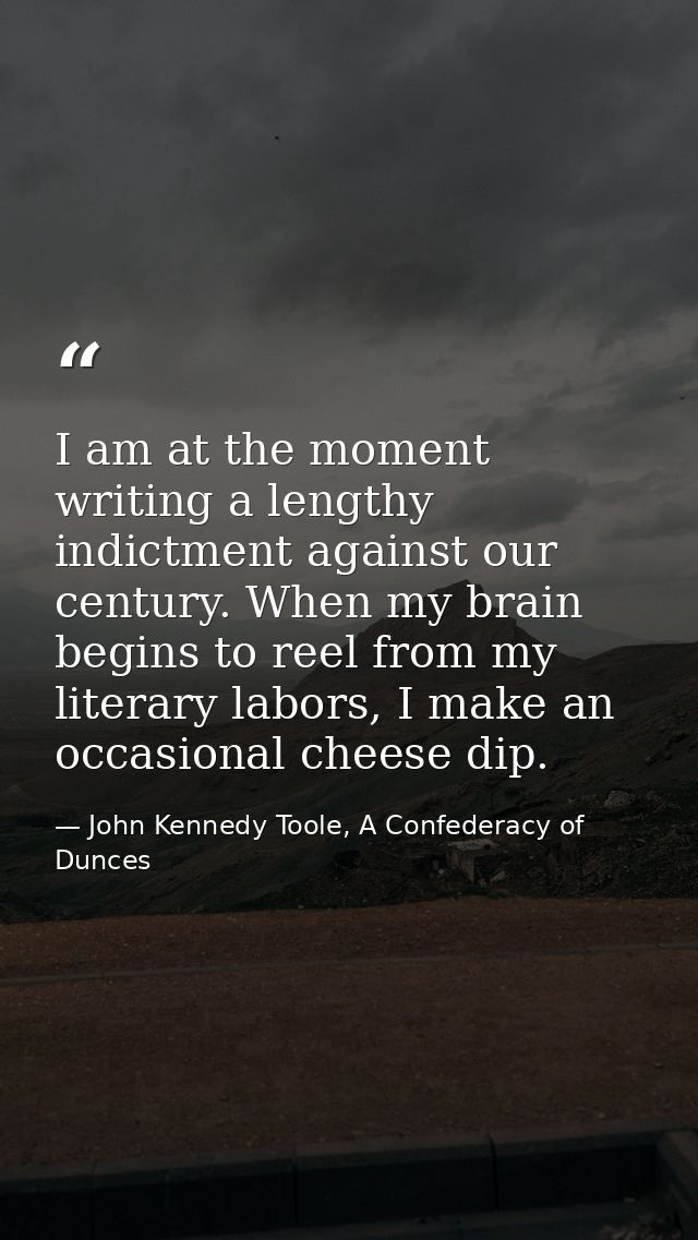 I am at the moment writing a lengthy indictment against our century. When my brain begins to reel from my literary labor — John Kennedy Toole, A Confederacy of Dunces