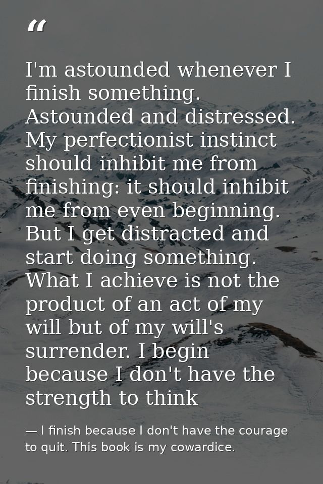 I'm astounded whenever I finish something. Astounded and distressed. My perfectionist instinct should inhibit me from fi — I finish because I don't have the courage to quit. This book is my cowardice.