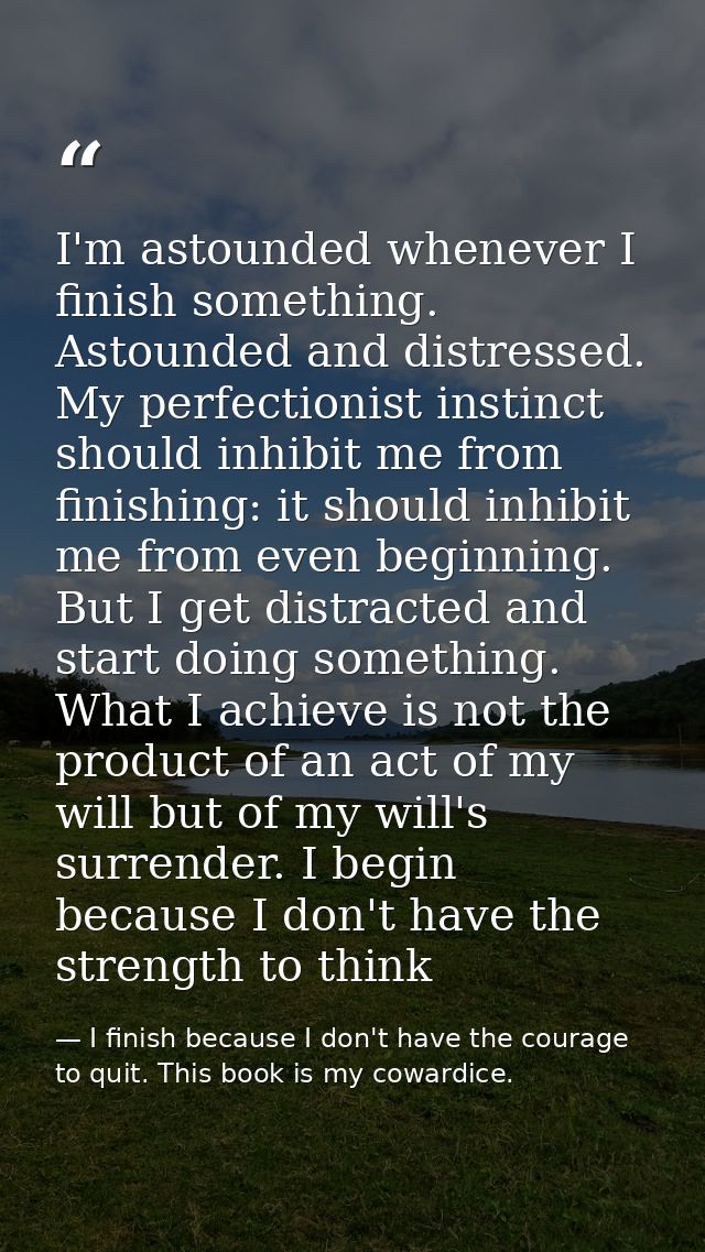 I'm astounded whenever I finish something. Astounded and distressed. My perfectionist instinct should inhibit me from fi — I finish because I don't have the courage to quit. This book is my cowardice.