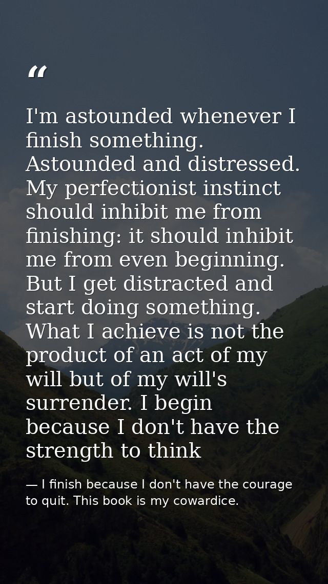 I'm astounded whenever I finish something. Astounded and distressed. My perfectionist instinct should inhibit me from fi — I finish because I don't have the courage to quit. This book is my cowardice.