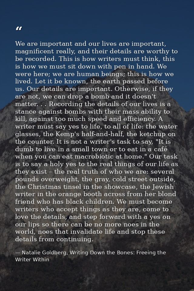 We are important and our lives are important, magnificent really, and their details are worthy to be recorded. This is h — Natalie Goldberg, Writing Down the Bones: Freeing the Writer Within