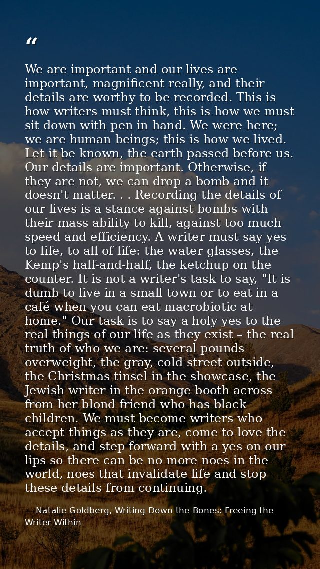 We are important and our lives are important, magnificent really, and their details are worthy to be recorded. This is h — Natalie Goldberg, Writing Down the Bones: Freeing the Writer Within